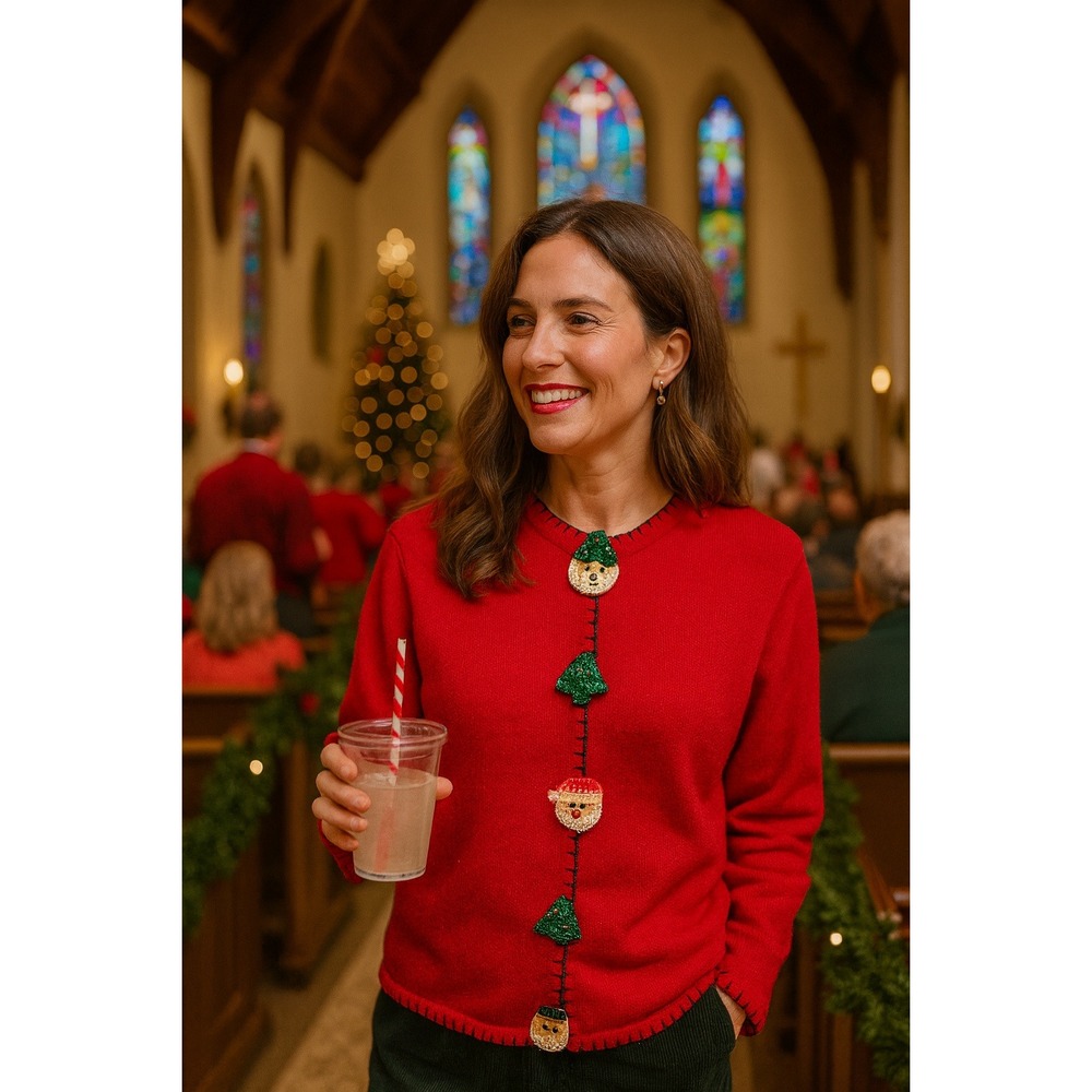 Lemongrass S Holiday Whimsy Christmas Red Sequins Santa Cardigan Sweater Fun